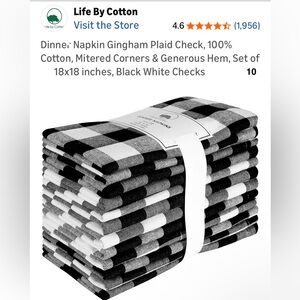 Life By Cotton Black and White Gingham Napkins Set of 10. EUC